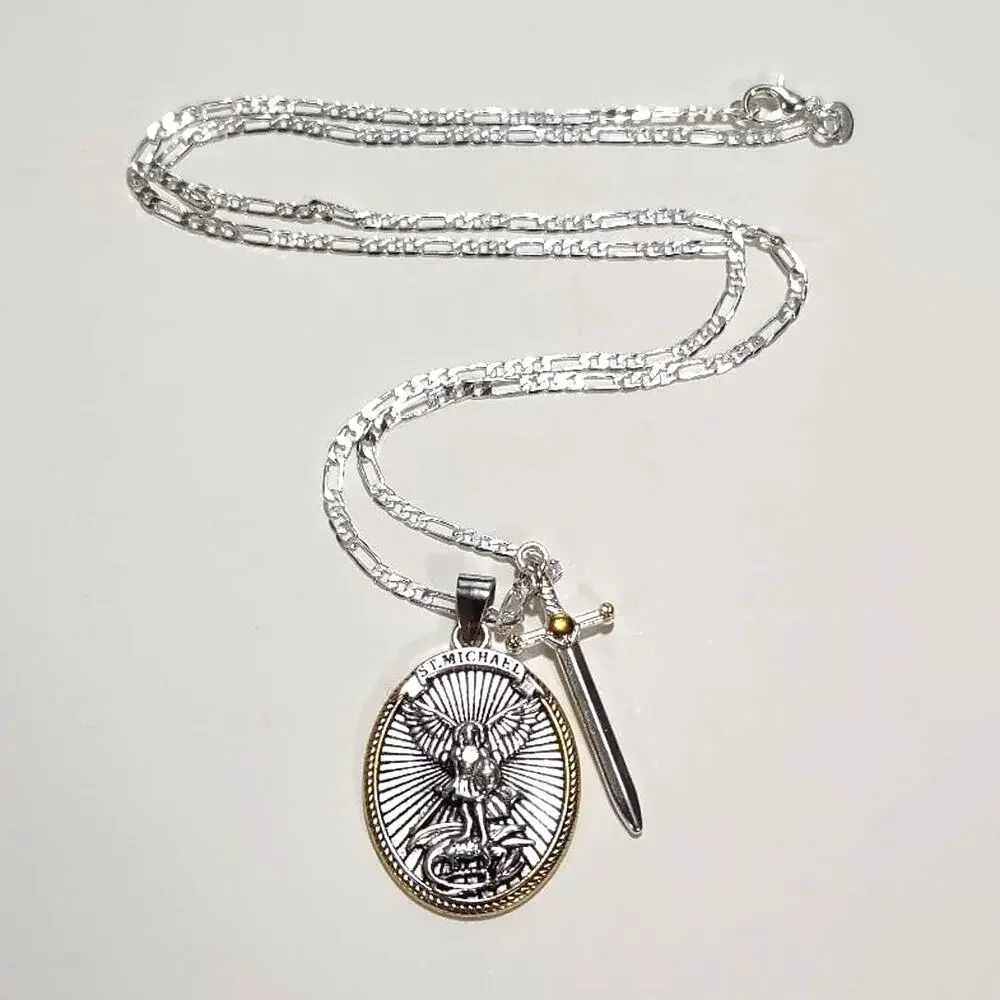 925 Silver St. Michael Necklace Gemstone Sword Figaro Bible Verse Angel Gift NEW